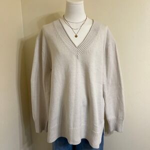 Banana Republic Womens XL Oatmeal Beige V-Neck Oversized Knit Sweater Ribbed Hem